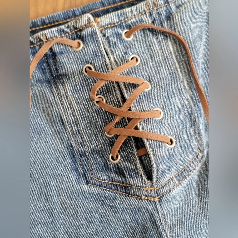 Soho Juniors sz 5/27 LIKE NEW Flare Hippy Boho Leather Vintage 70's Jeans Y2K - Picture 4 of 12